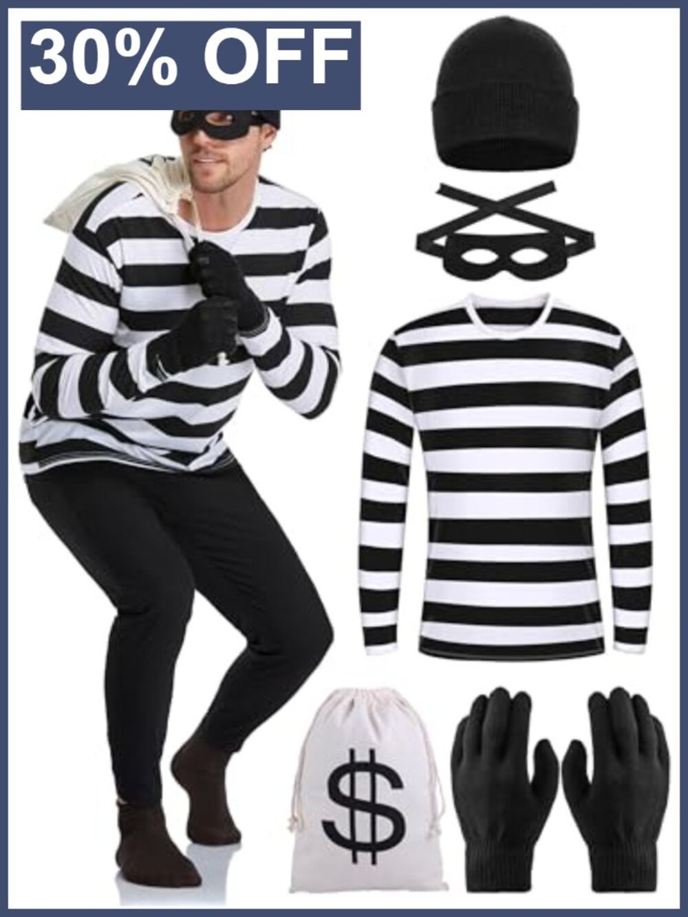 Halloween Bank Robber Costume Set, 5 Pieces Stripe T-Shirt Knit Cap Gloves Eye